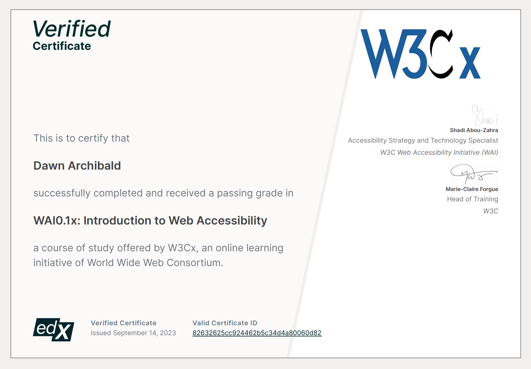 Verified Certificate W3C in Web Accessibility