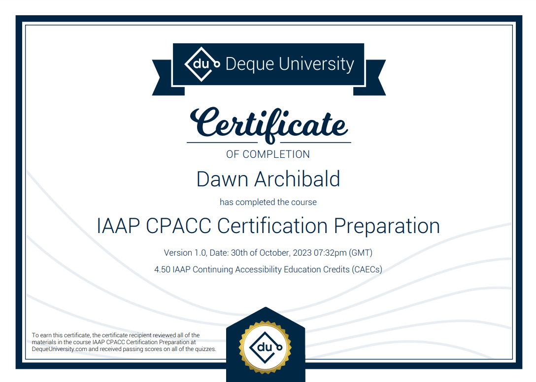 Deque University certificate of completion - CPAC Certification