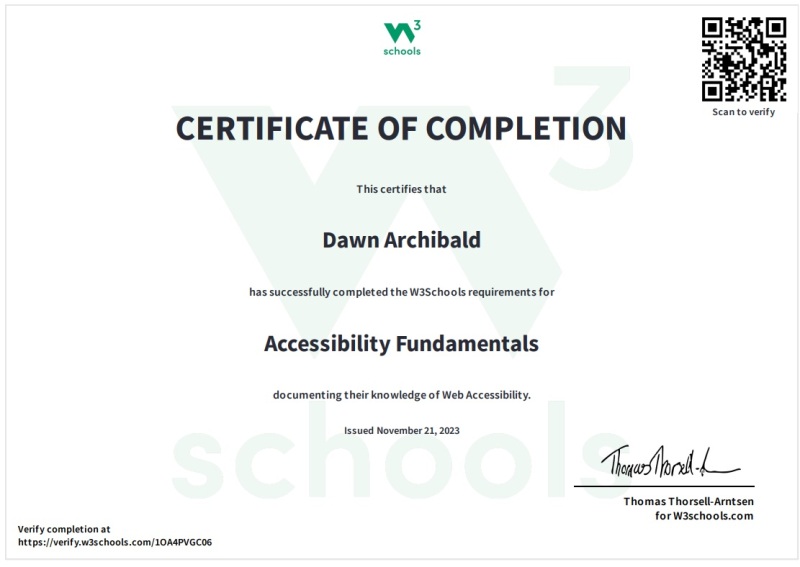 W3Schools Accessibility Fundamentals ceriticate of completion